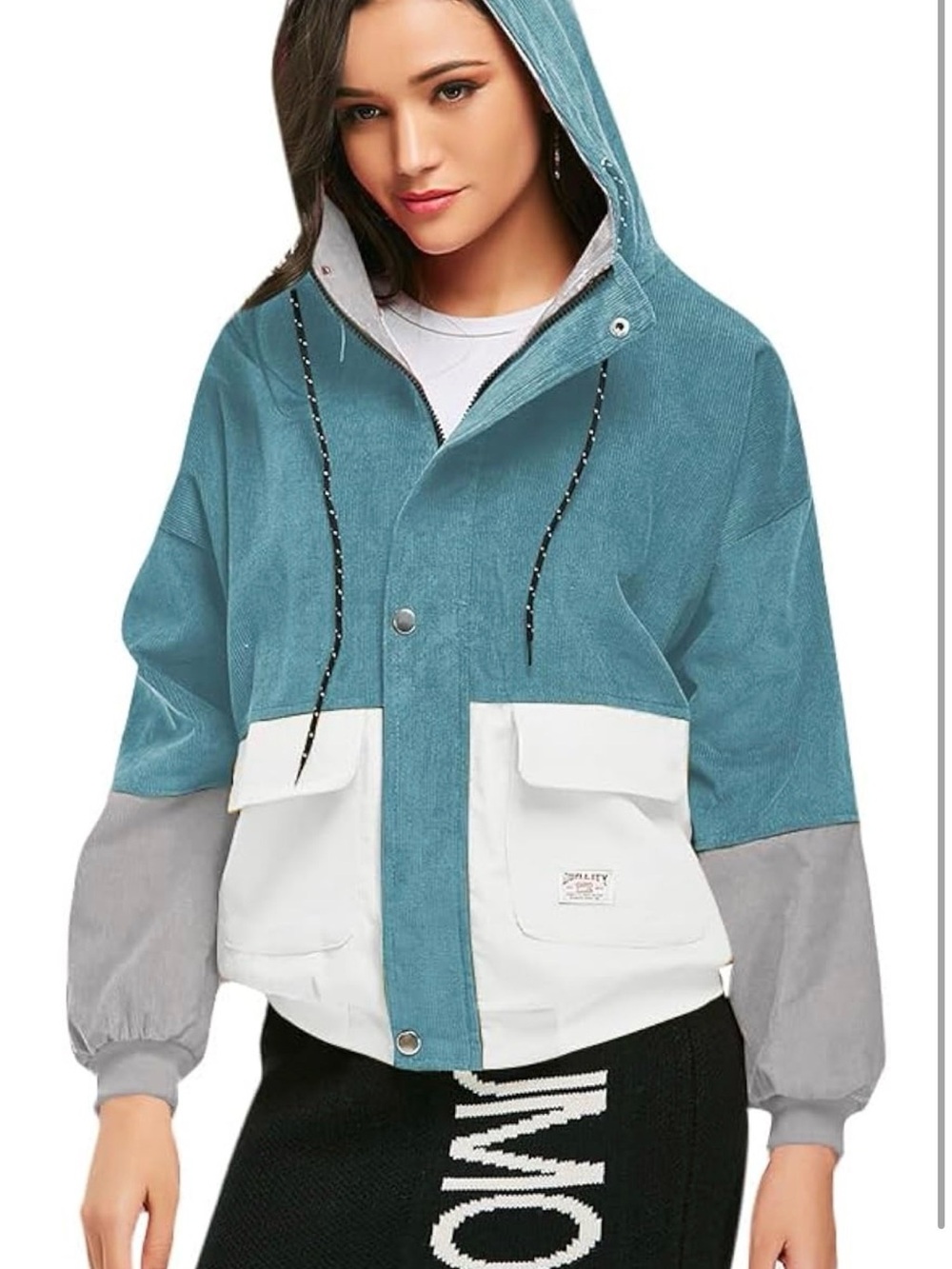 Zaful Teal Colorblock Hooded Utility Jacket with White Pockets